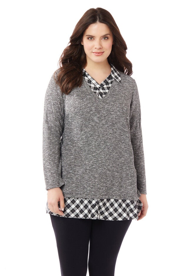 Plaid Accents Top, BLACK AND WHITE, hi-res image number null