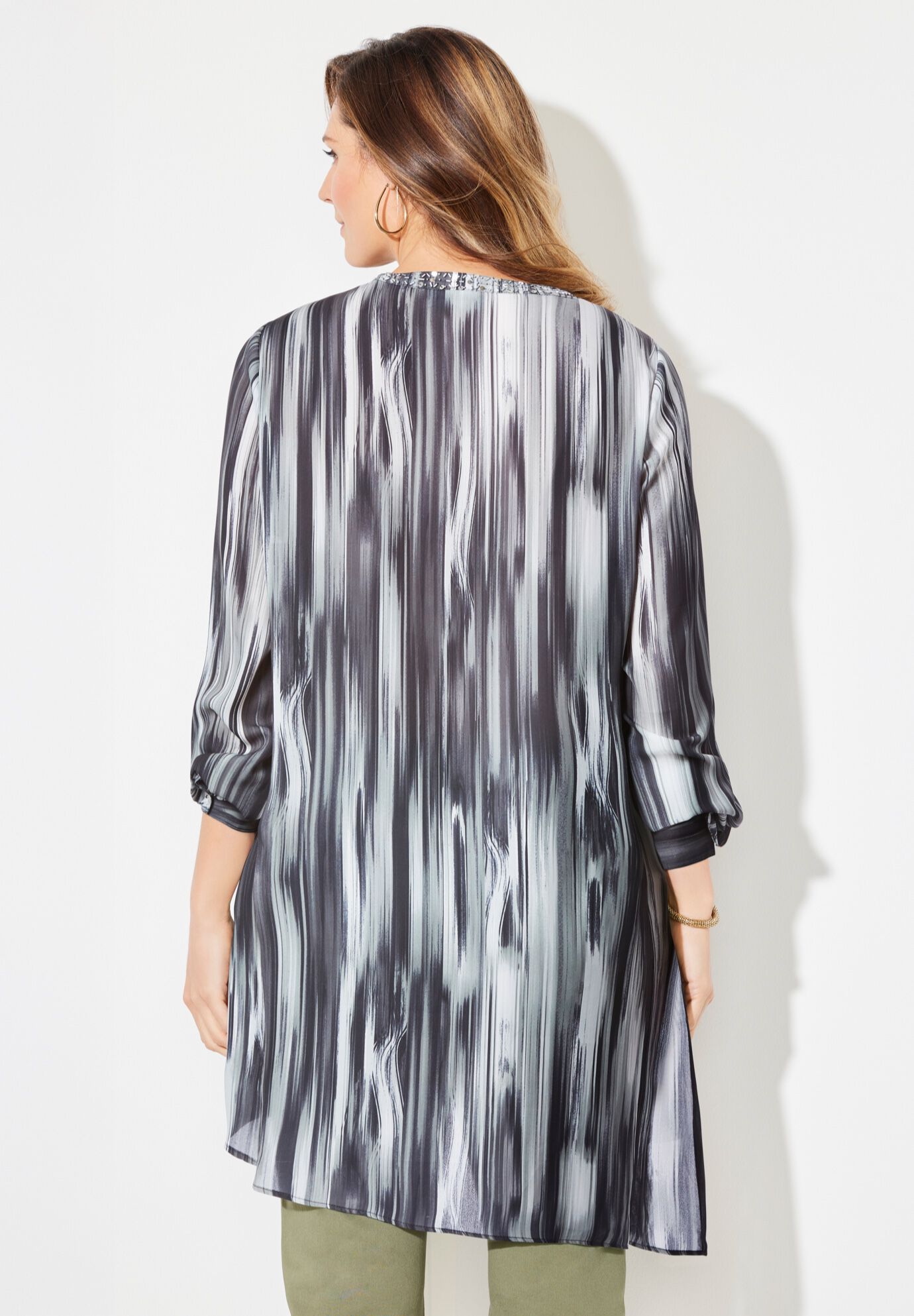 Beaded Beauty Asymmetrical Tunic, GUNMETAL IKAT TEXTURE, on-hover image number 1