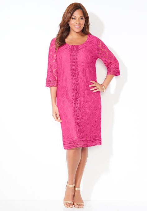 Crochet Trim Shift Dress, RASPBERRY SORBET, hi-res image number null