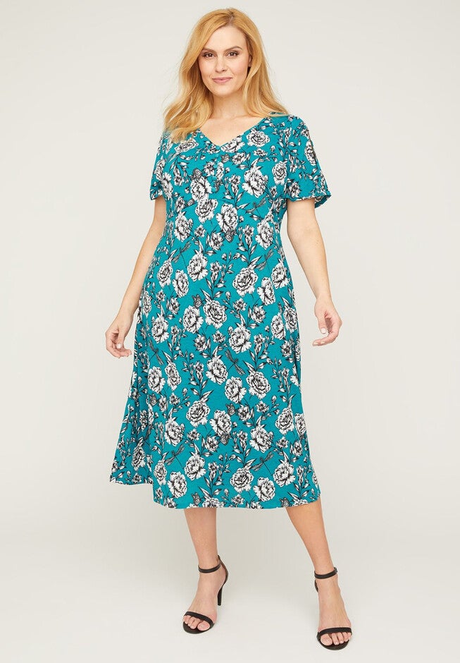 Wild Orchid Fit & Flare Dress, GARDEN TEAL FLORAL PRINT, hi-res image number null