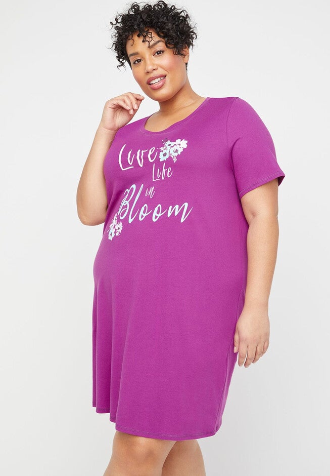 Positive Vibes Cotton Sleepshirt, PURPLE LIFE IN BLOOM, hi-res image number 0