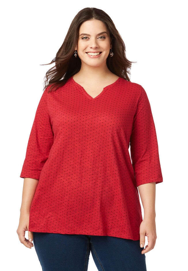 Dotted 3/4-Sleeve Tee, RED, hi-res image number null