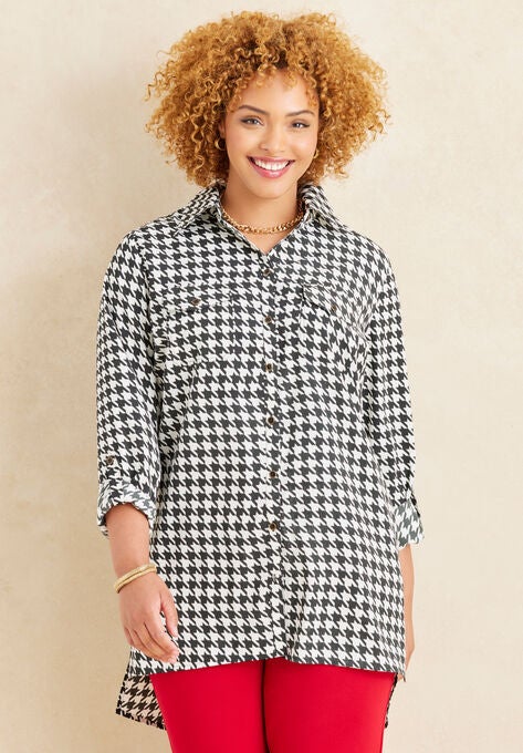 Liz&Me™ Camp Shirt, BLACK HOUNDSTOOTH, hi-res image number null