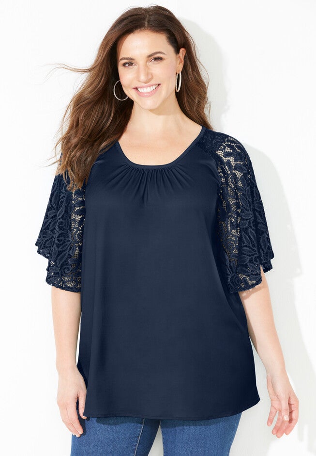 Raglan Lace Sleeve Top, NAVY, hi-res image number null