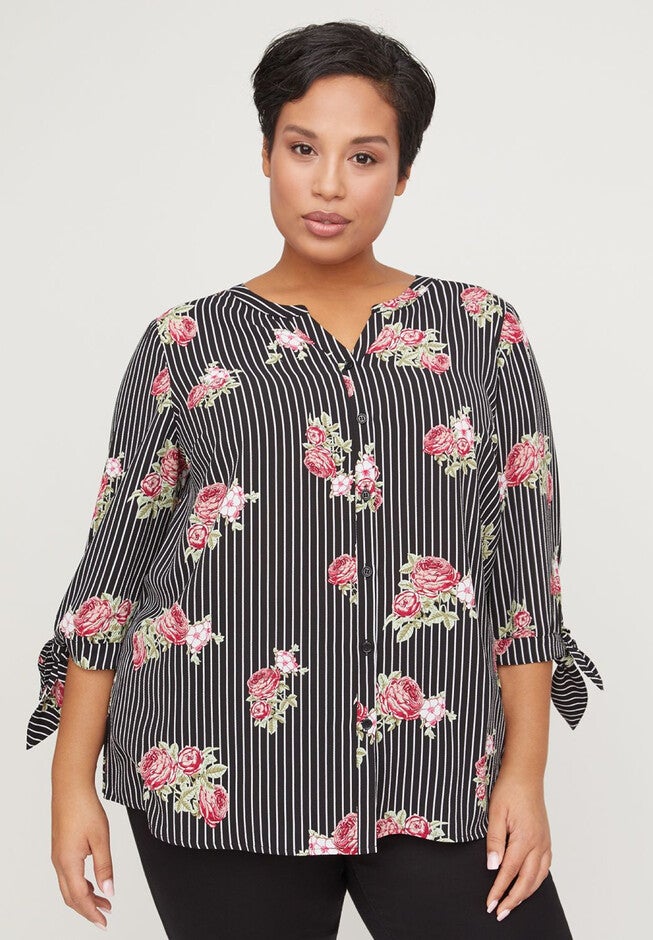 Floral & Striped Blouse, BLACK MULTI, hi-res image number null