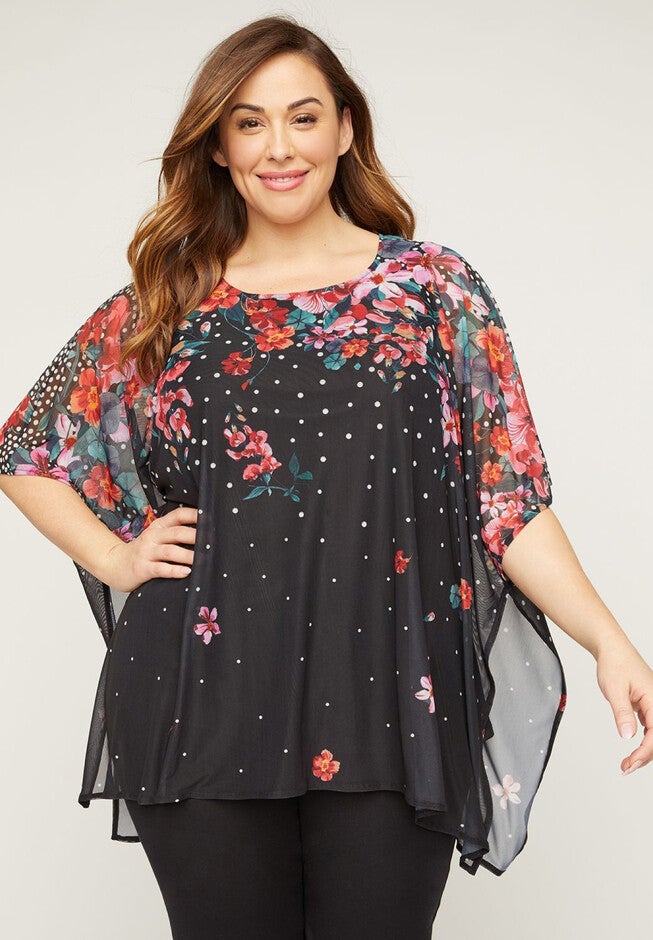 Floral Mesh Poncho, BLACK PINK FLOWERS, hi-res image number null