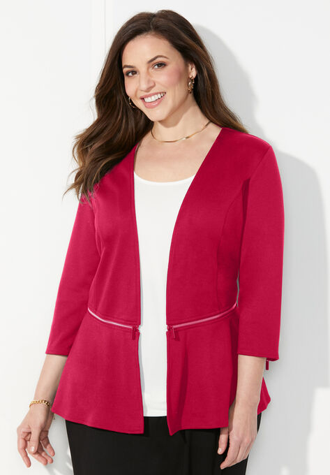 Curvy Collection Ponte Knit Peplum Blazer, CLASSIC RED, hi-res image number null