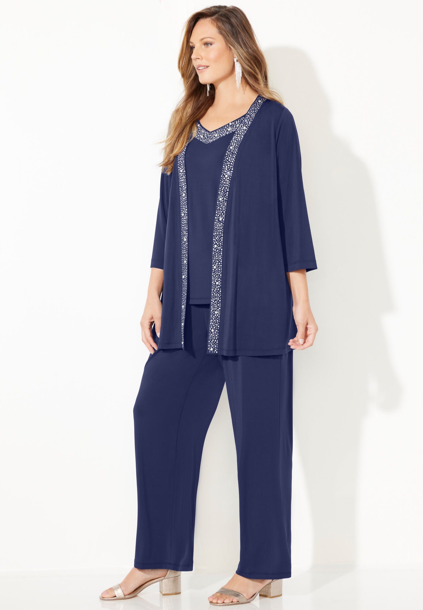 Beaded 3 Piece Cardigan Pant set Evening Wear Mariner Navy Catherines