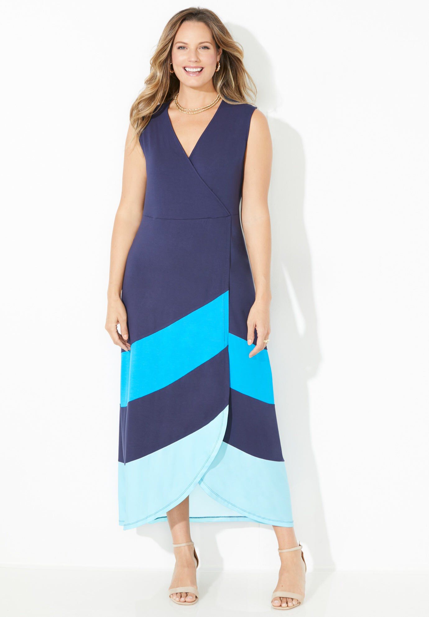 Cascading Stripe Maxi Dress, NAVY VIBRANT BLUE AQUA, hi-res image number 0