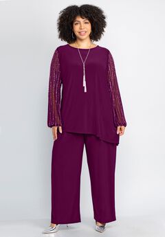 2-Piece Beaded Mesh Sleeve Pant Suit