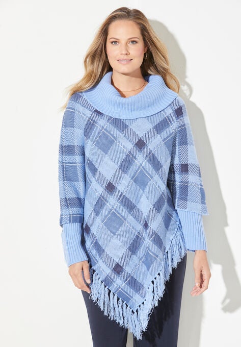 Fringe Poncho Duet, FRENCH BLUE PLAID, hi-res image number null