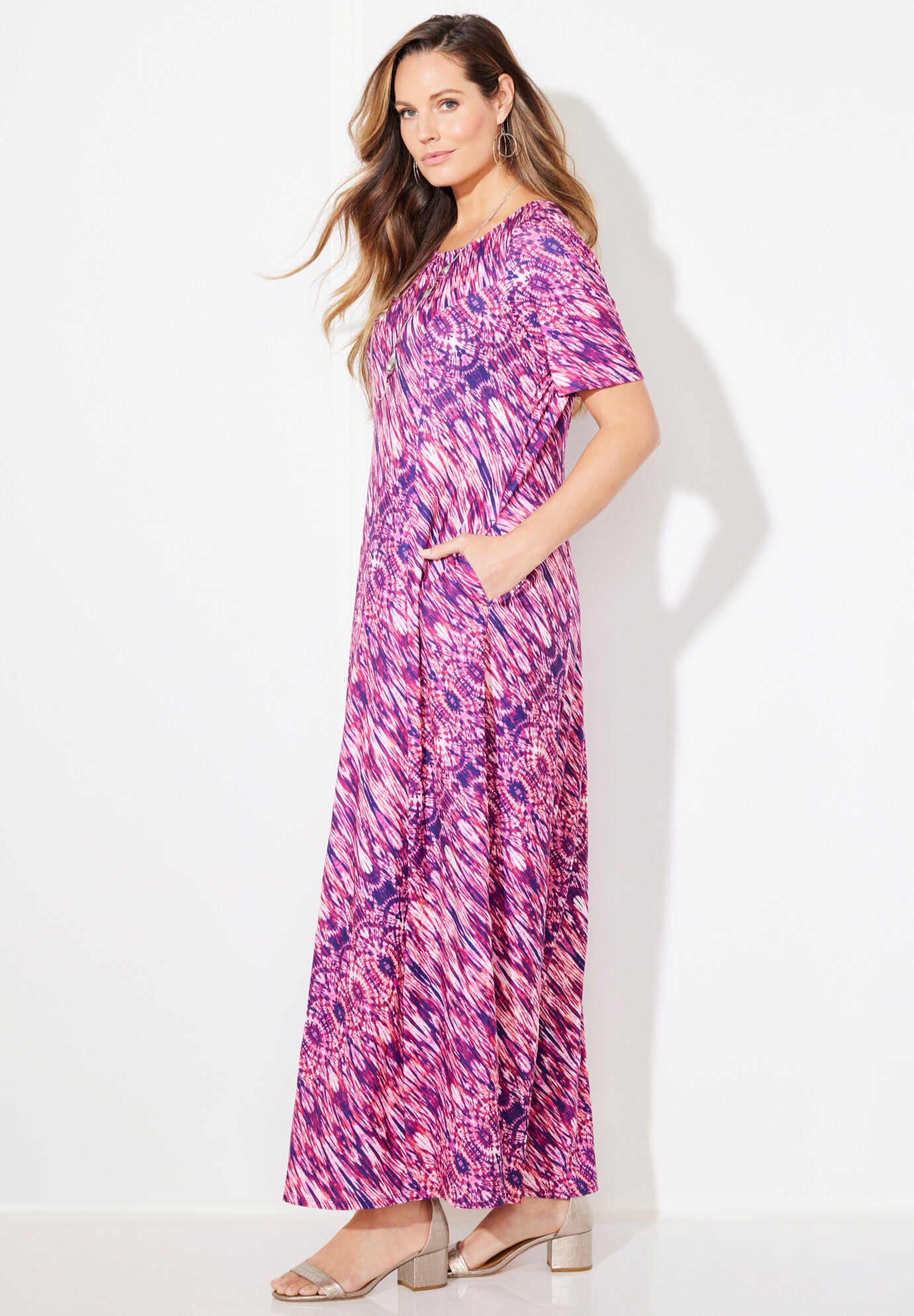 Scoopneck Maxi Dress with Side Pockets, Black Paisley Floral | Catherines