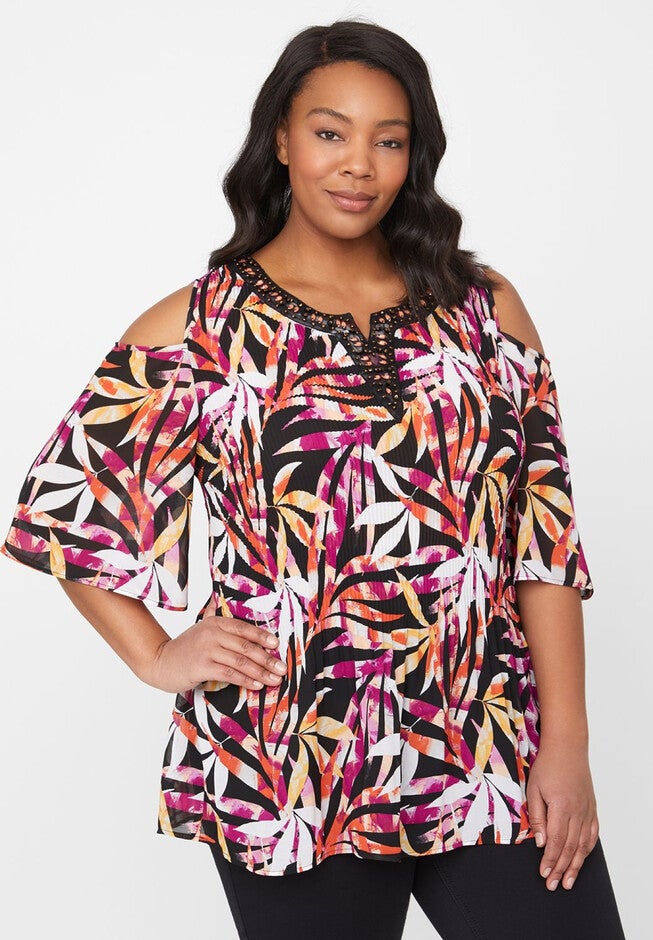 Bright Flora Pleated Top, BLACK DEEP AZALEA, hi-res image number null