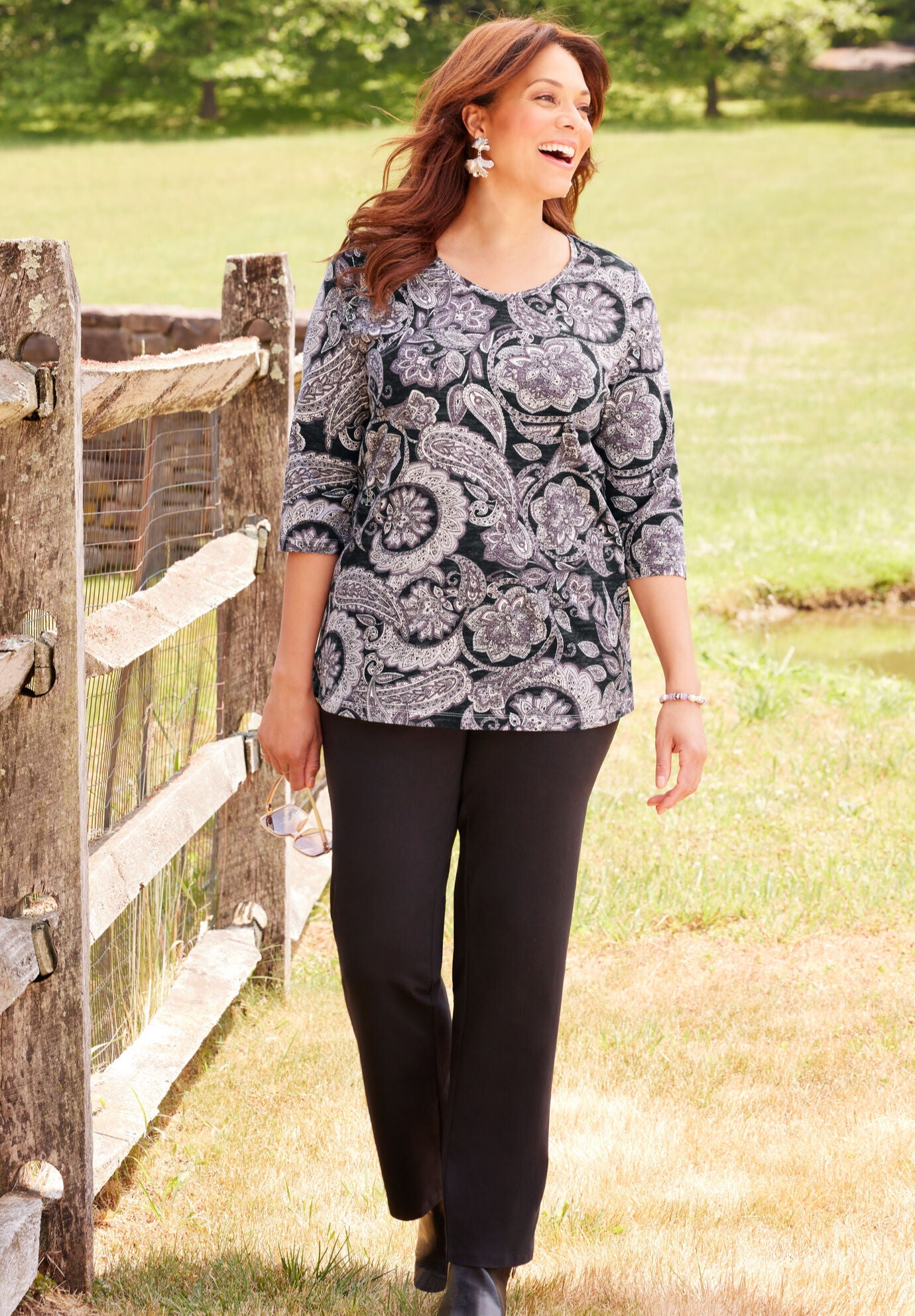 3/4 SLV V Neck Knit Tee main image 1