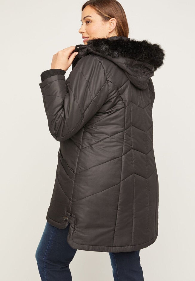 Chevron Puffer Coat with Faux Fur, , on-hover image number null
