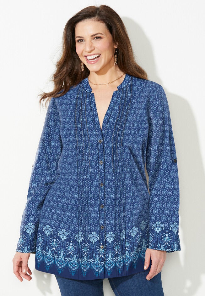 Mandarin Collar Pintuck Shirt, NAVY PAISLEY BORDER, hi-res image number 0