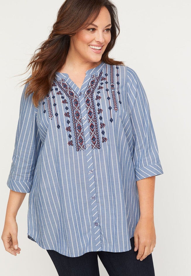Hartfield Buttonfront Tunic Top, BLUE WHITE STRIPE, hi-res image number 0