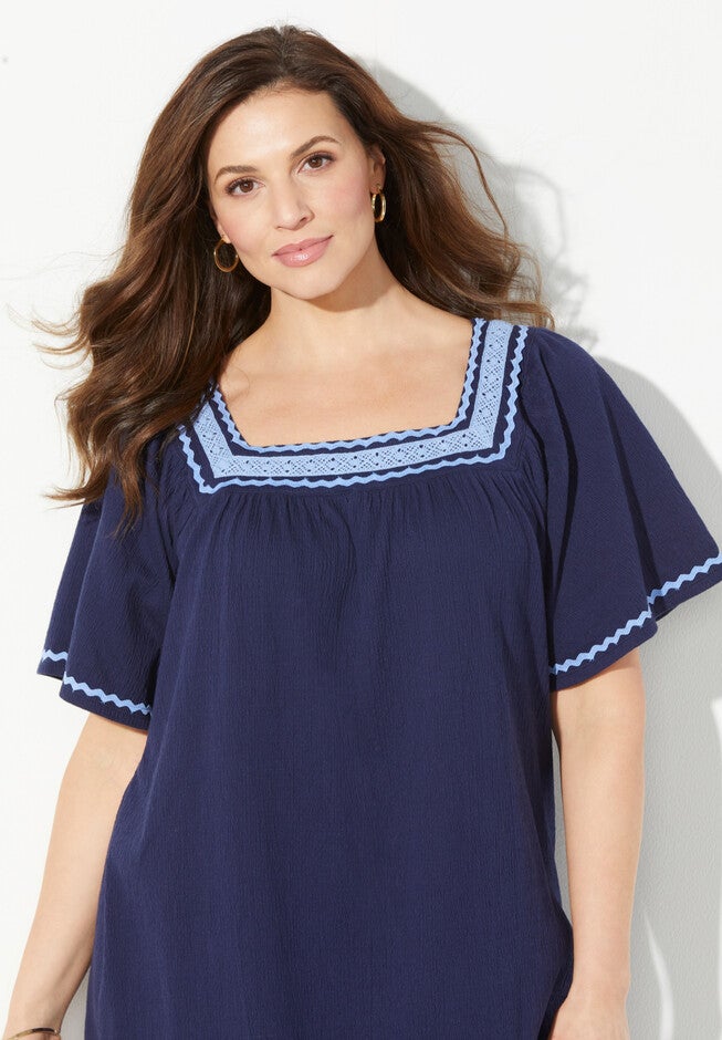 Square-Neck Gauze Peasant Top, , alternate image number 3