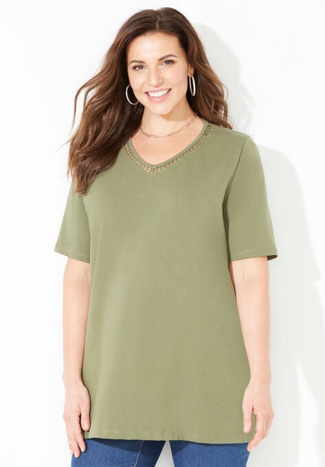 Suprema® Crochet V-Neck Tee, OLIVE GREEN, hi-res image number null