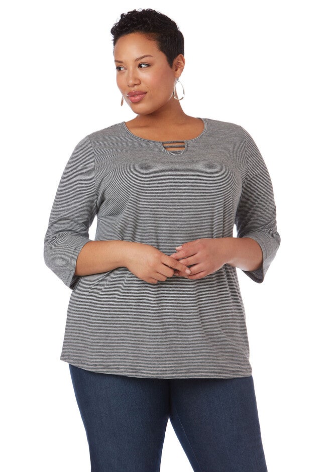 Soft Stripes 3/4 Sleeve Top, BLACK, hi-res image number null