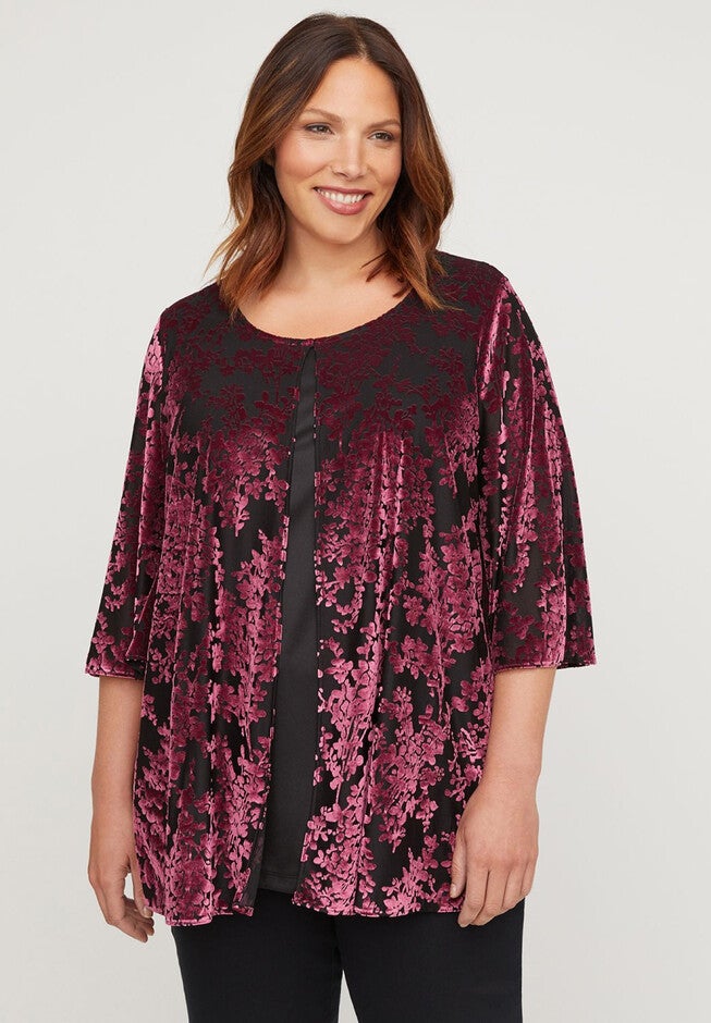 Floral Velvet Flyaway Top, BLACK, hi-res image number null