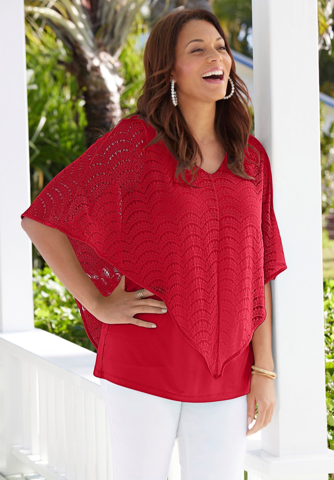Crochet Poncho Duet Top, CLASSIC RED, hi-res image number 0