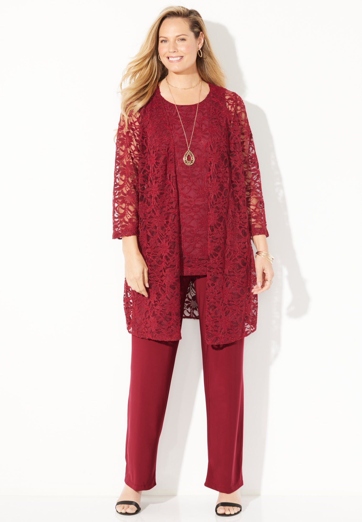 Luxe Lace 3-Piece Pant Set, WINE, hi-res image number 0