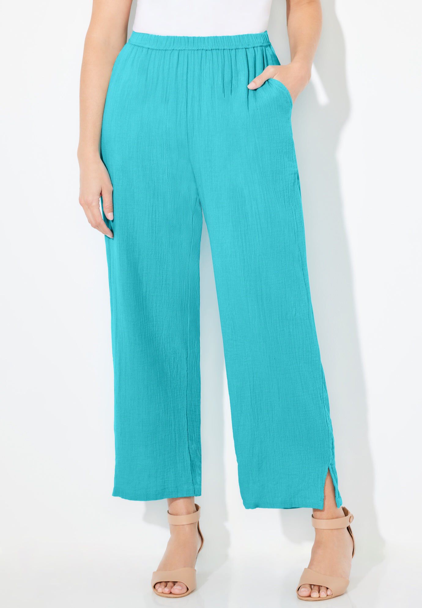AnyWear Pucker Cotton Wide Leg Pant, AQUA BLUE, hi-res image number 0