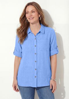 Linen Blend Roll-Cuff Camp Shirt