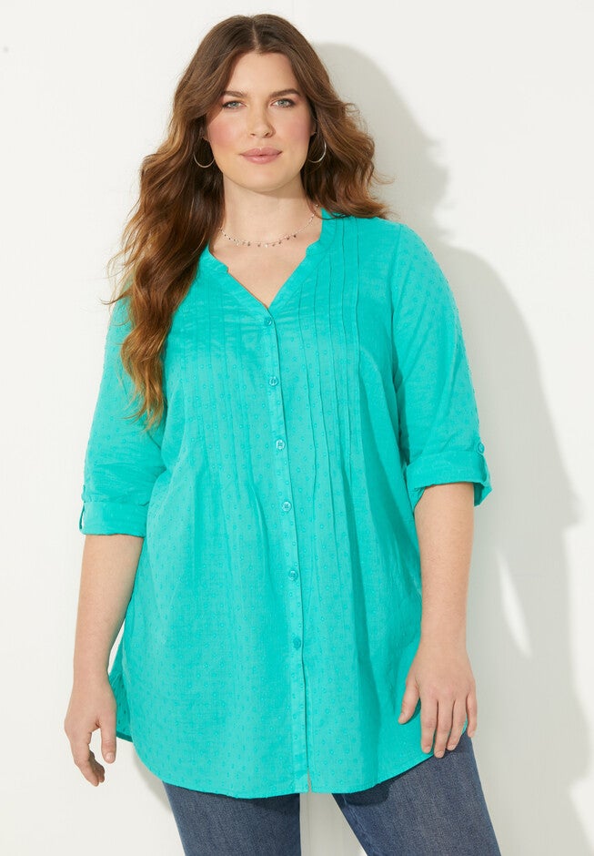 Swiss Dot Pintuck Blouse, AQUA SEA, hi-res image number 0