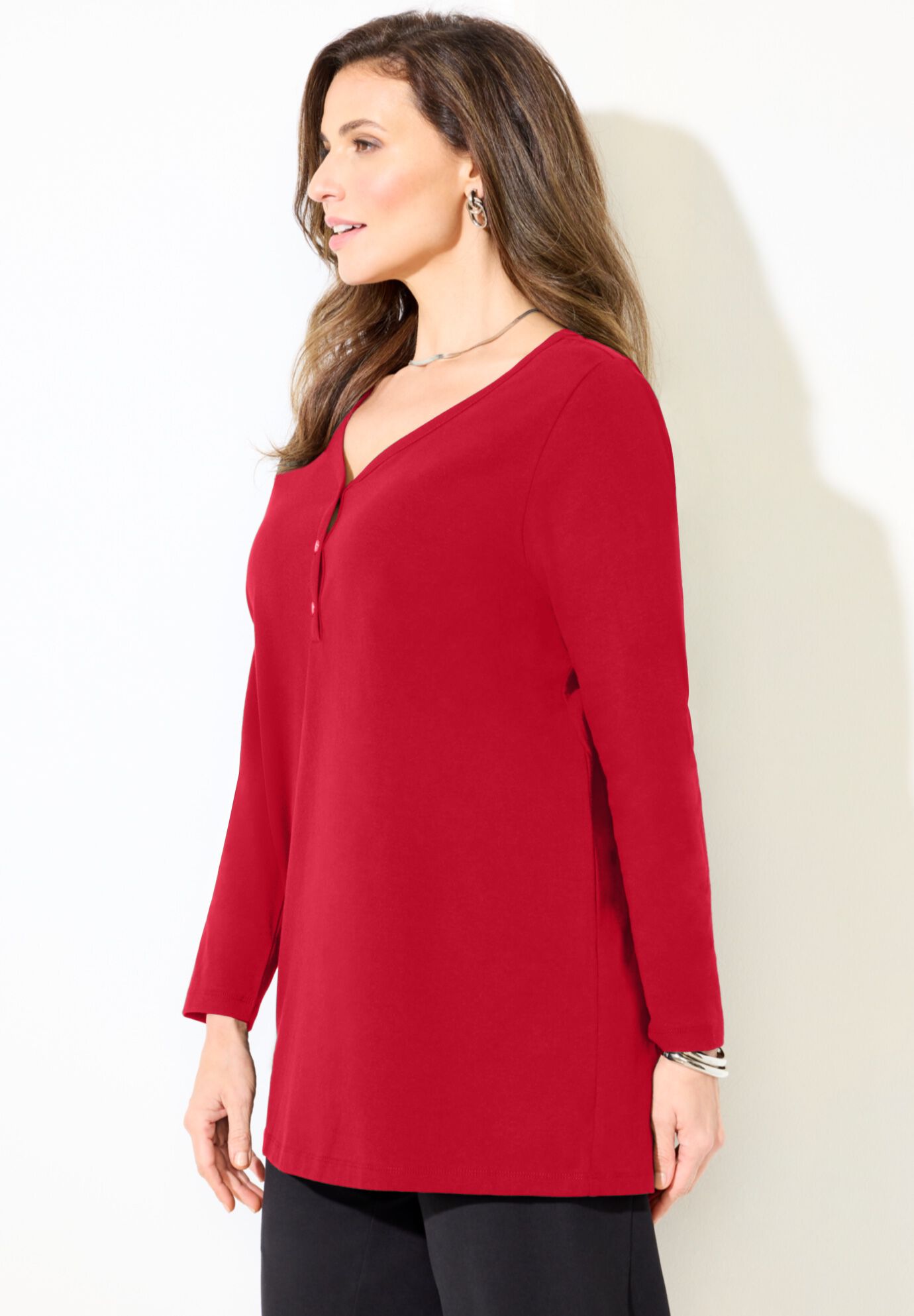 Suprema&reg; Studio V-Neck Henley Top, CLASSIC RED, alternate image number 2