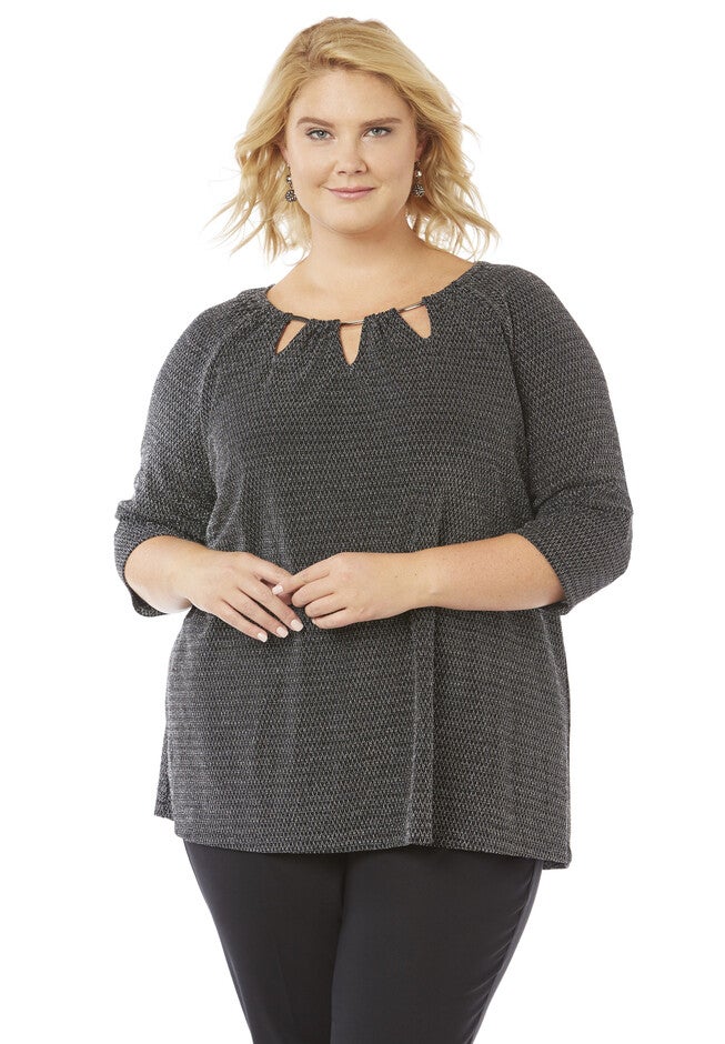 Triple-Keyhole ¾ Sleeve Top, BLACK, hi-res image number null