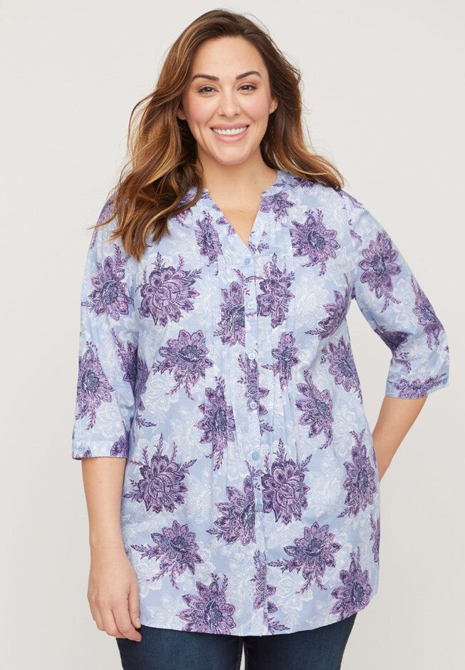 Morning Mist Button-Front Top, GRAPE MIST FLORAL, hi-res image number null