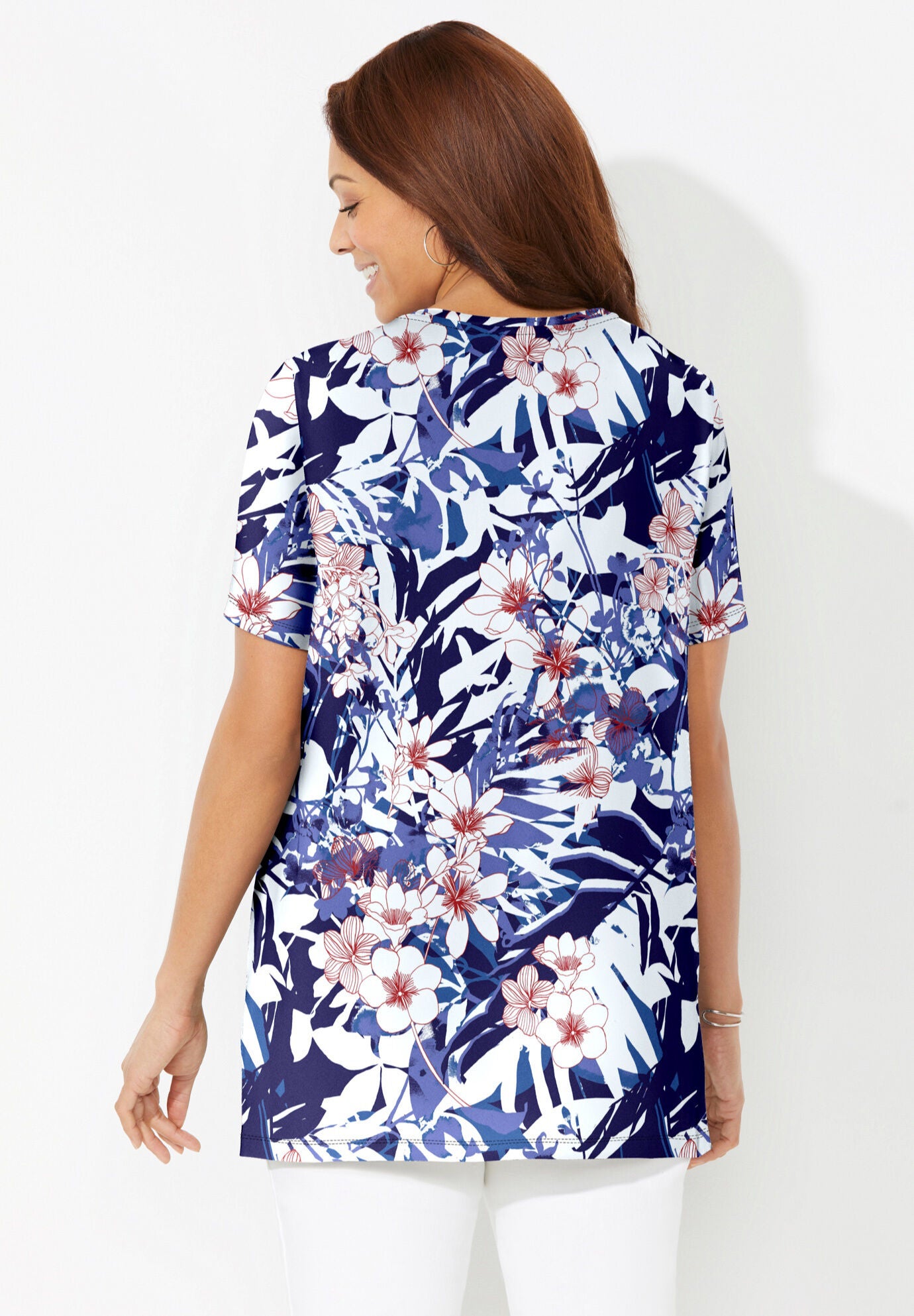 Easy Fit Short Sleeve V-Neck Tunic, ABSTRACT TROPICAL, on-hover image number 1