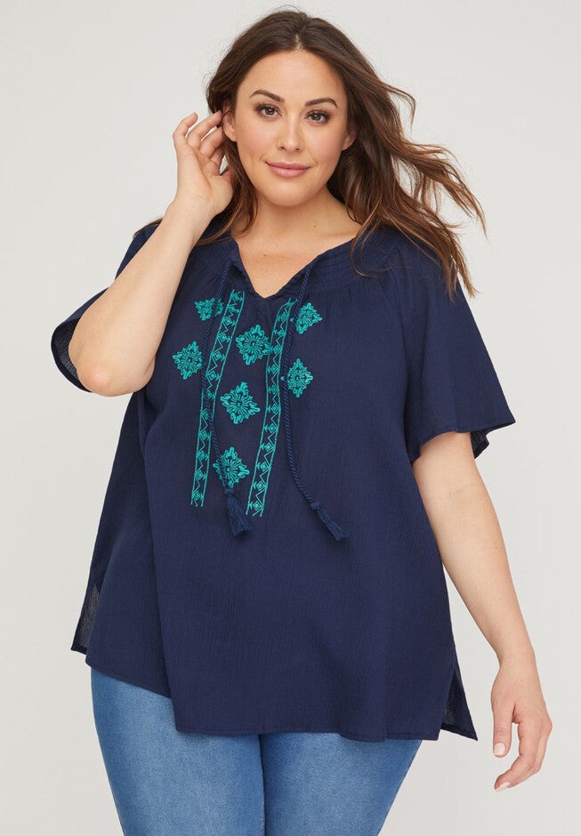Embroidered Gauze Peasant Top, , hi-res image number 0