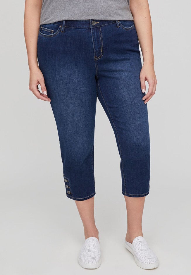 Button-Hem Jean Capri with Comfort Waist, PACIFIC WASH, hi-res image number null