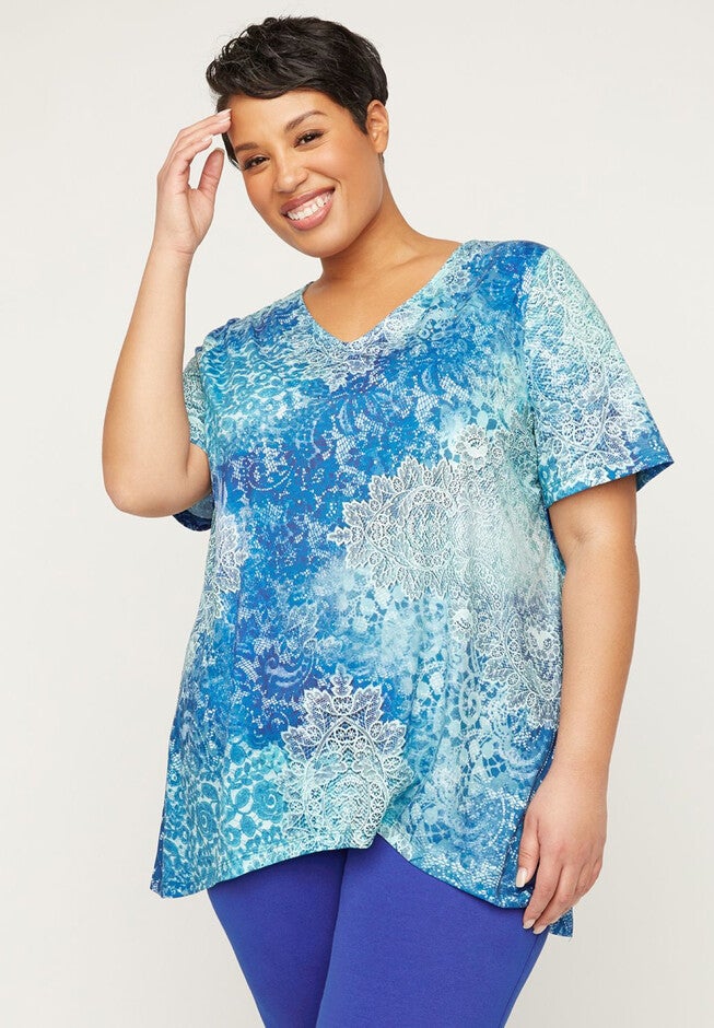 Lace Print Sparkle Top, BLUE LACE TILES, hi-res image number 0