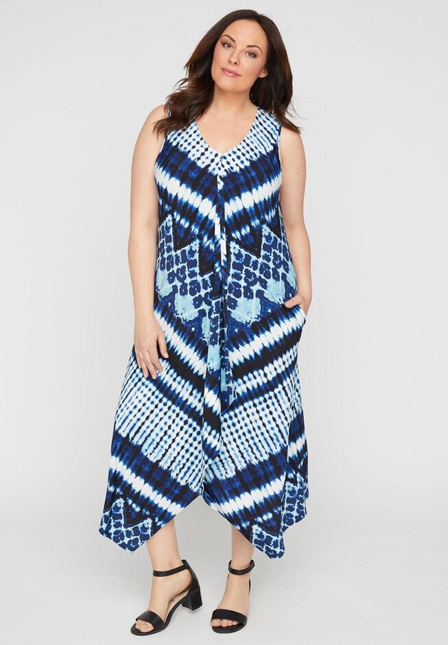 Watercolor A-line Dress (With Pockets), NAVY WHITE TIE DYE, hi-res image number 0