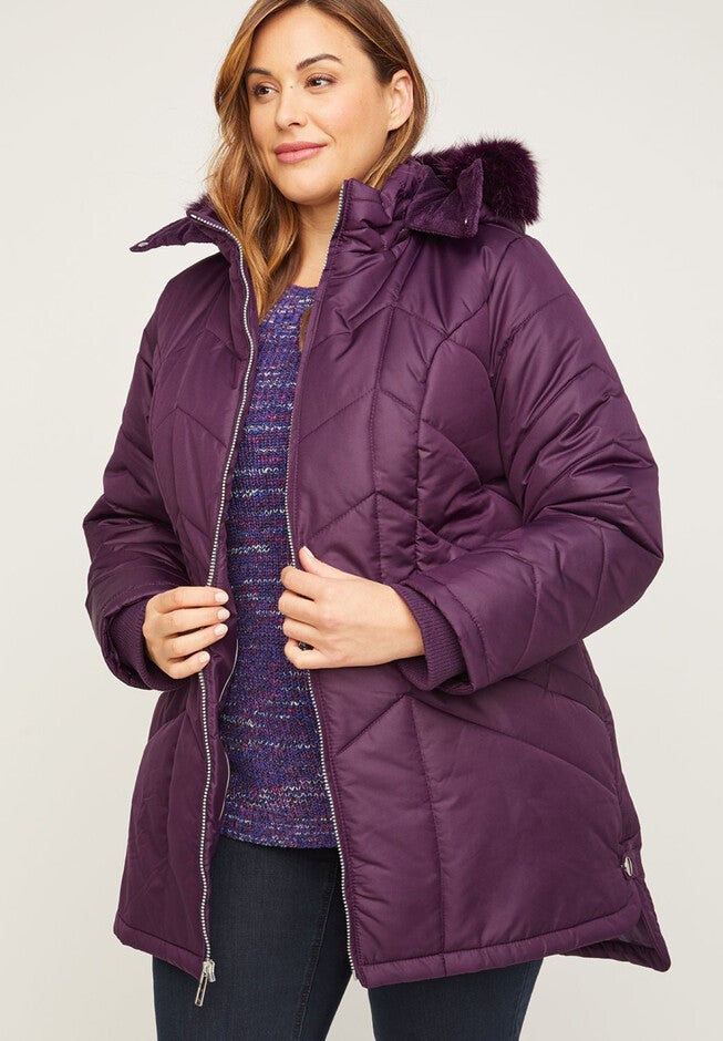 Chevron Puffer Coat with Faux Fur, PURPLE VELVET, hi-res image number null