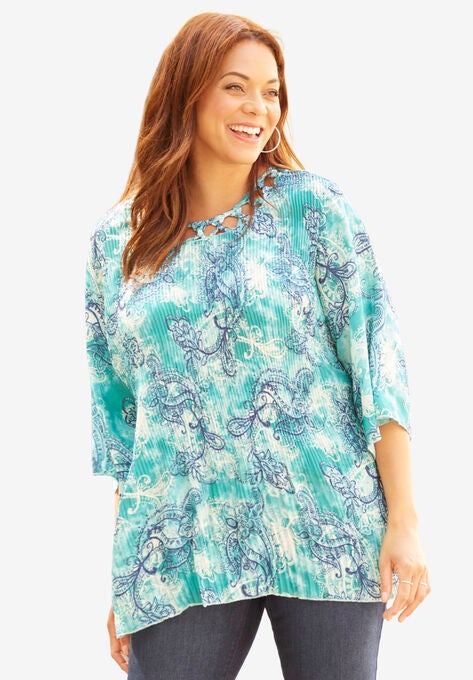 Lattice Trim Pleated Blouse, AQUA BLUE TIE DYE PAISLEY, hi-res image number null