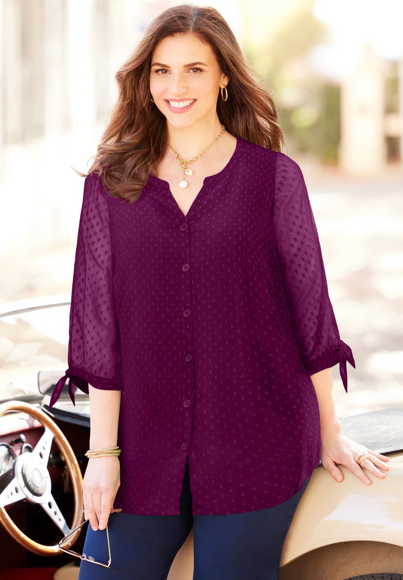 Plus Size Swiss Dot Tie Neck Long Sleeve Blouse