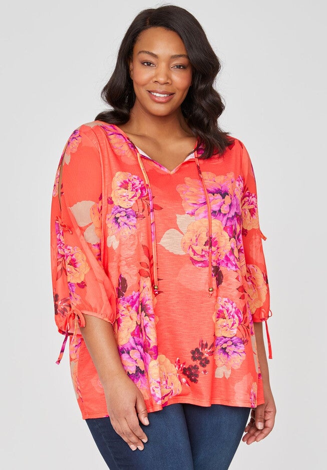 Floral Burst Peasant Top, ORANGE PRINT, hi-res image number null