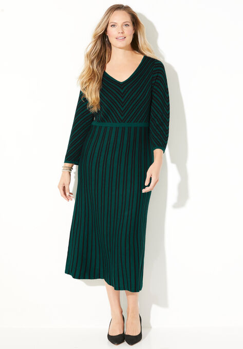 Fit N’ Flare Sweater Dress, EMERALD GREEN STRIPES, hi-res image number null