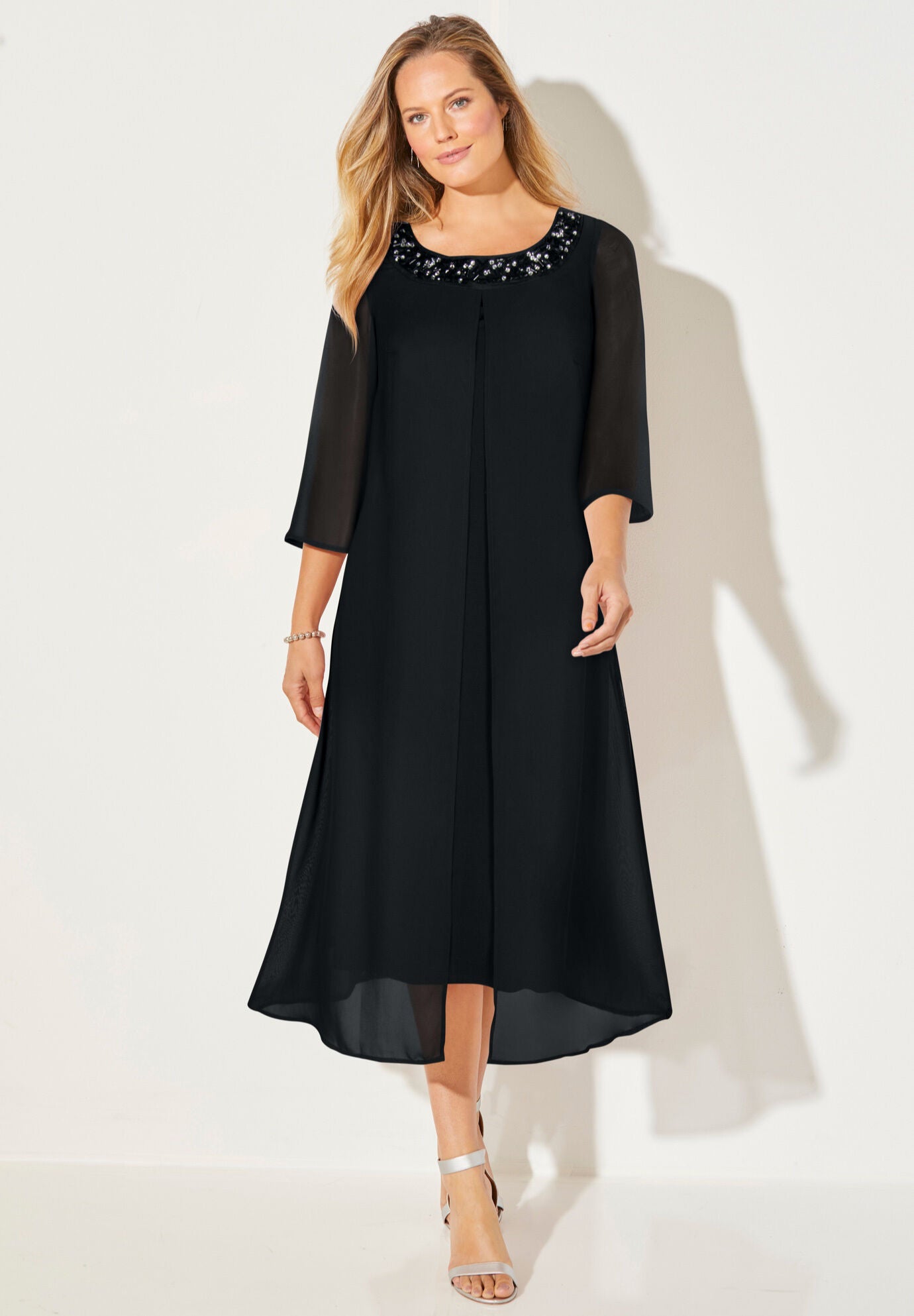 Midnight Dazzle Mesh Flyaway Beaded Dress Black