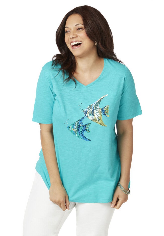 Brilliant Sequins V-Neck Tee, BEACH DAY, hi-res image number null