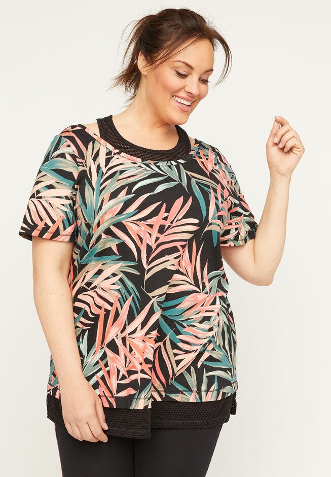 Palm Leaf Duet Tunic Top, OLIVE AND CORAL PALM PRINT, hi-res image number null