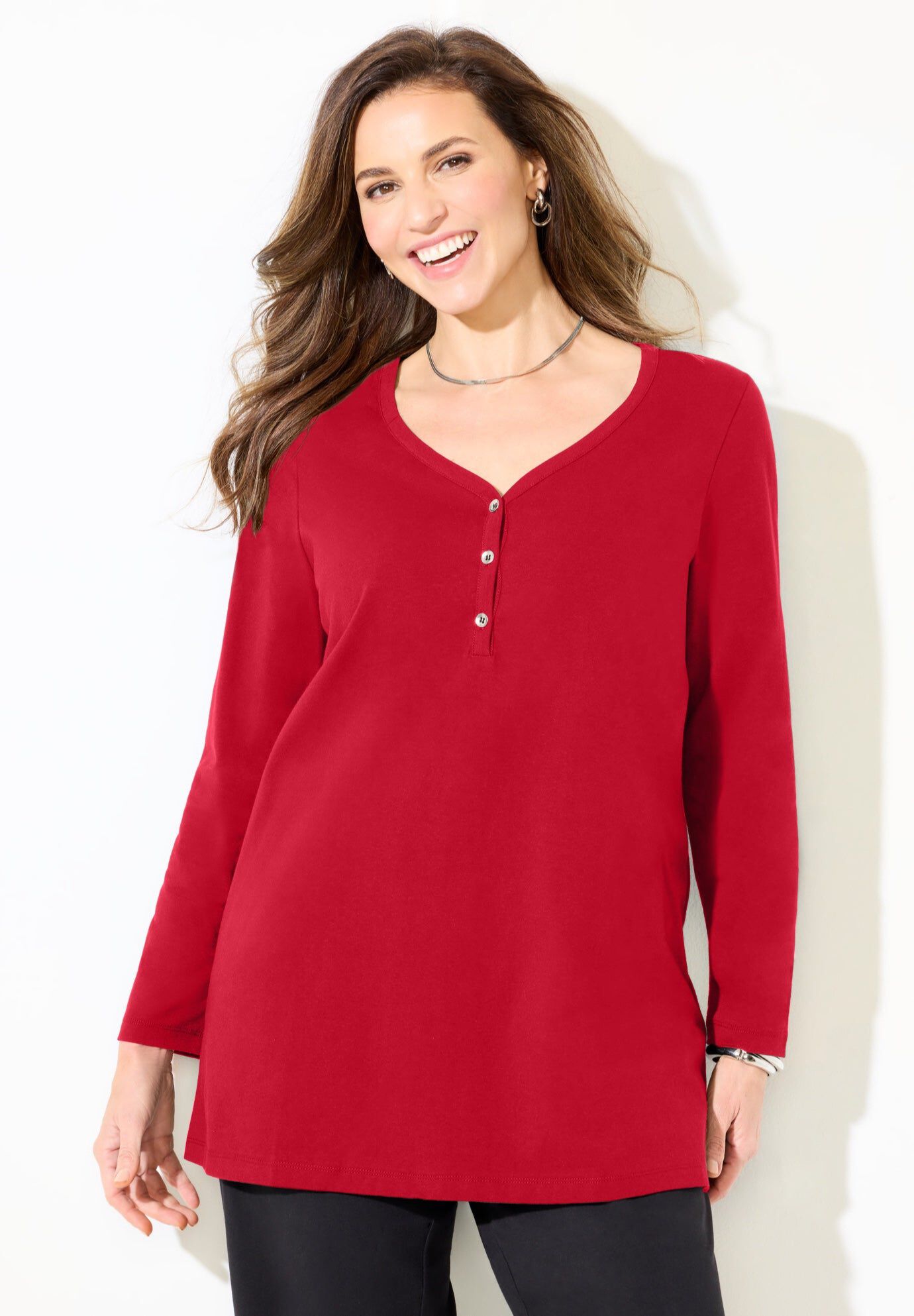 Suprema&reg; Studio V-Neck Henley Top, CLASSIC RED, hi-res image number 0