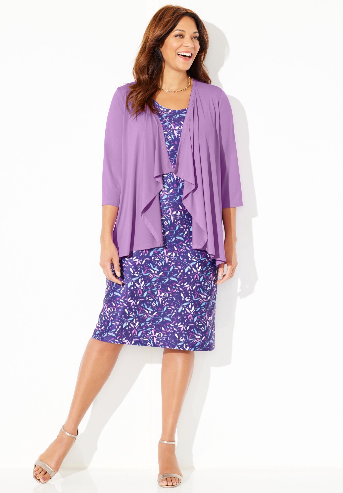 Classic Jacket Dress Soft Shift with Cascade Deep Grape Leaf Catherines