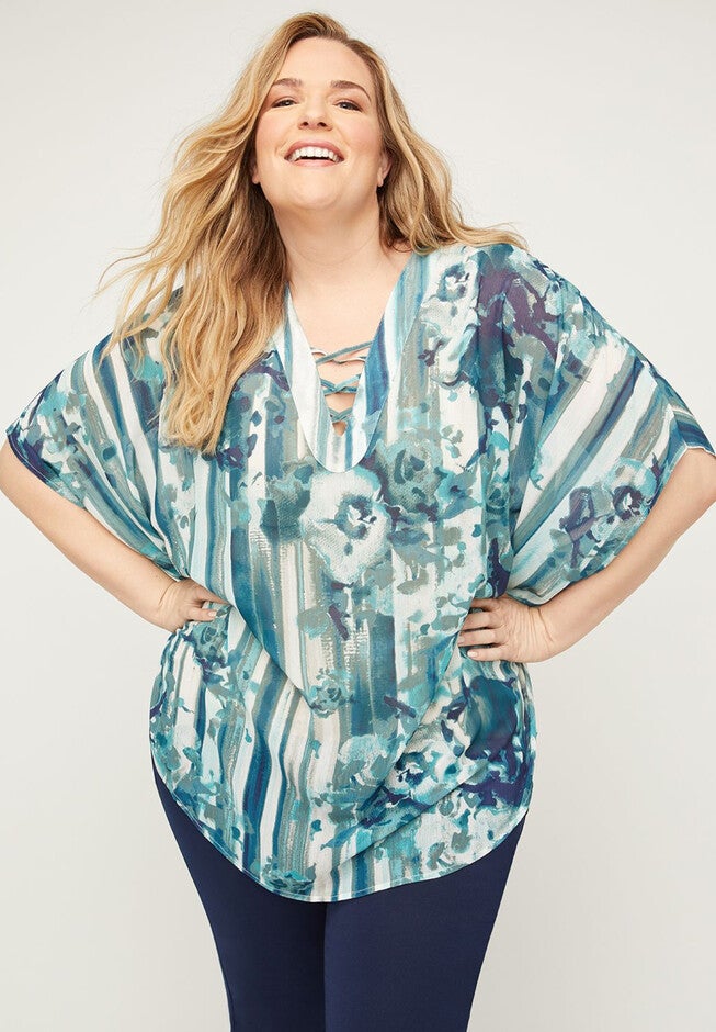 Greenhill Poncho Tunic, FLORAL STRIPE, hi-res image number null