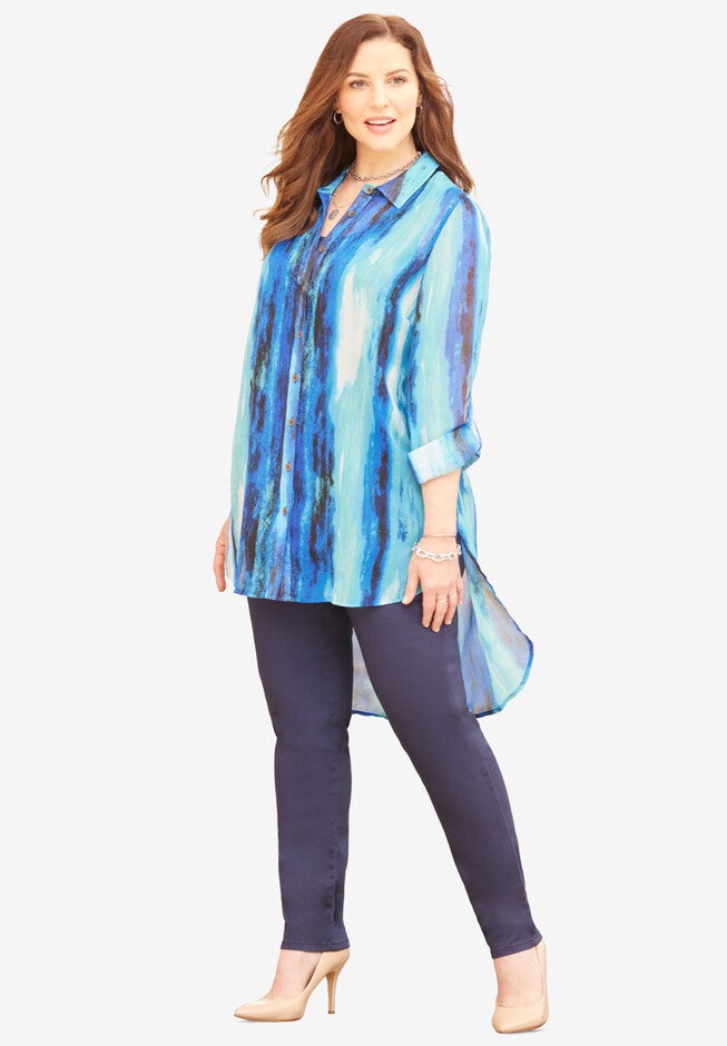 High-Low Buttonfront Shirt, WATERFALL WASHED STRIPES, hi-res image number 0